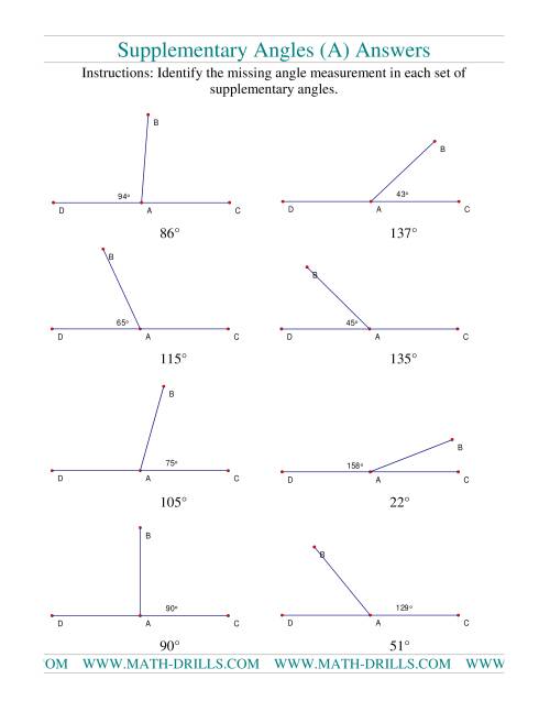 complementary and supplementary angle worksheet answer key