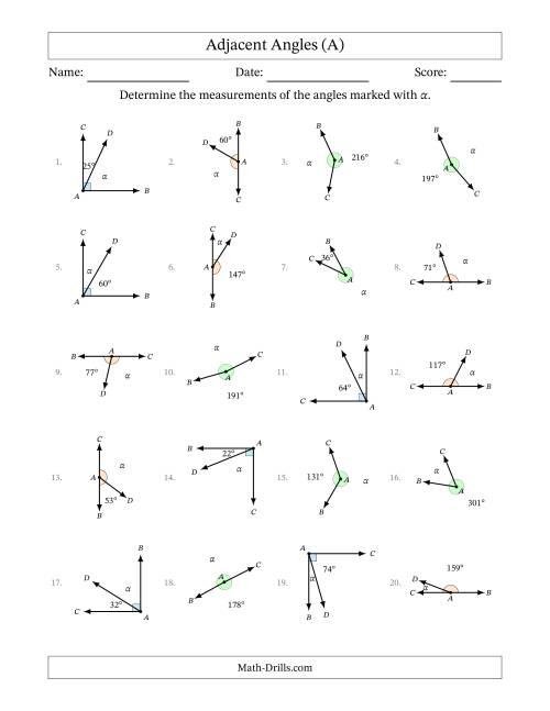 The Complementary, Supplementary and Explementary (Adjacent Angles) Angle Relationships with Rotated Diagrams (A) Math Worksheet