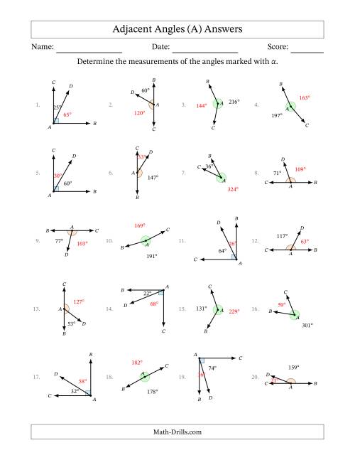 The Complementary, Supplementary and Explementary (Adjacent Angles) Angle Relationships with Rotated Diagrams (A) Math Worksheet Page 2