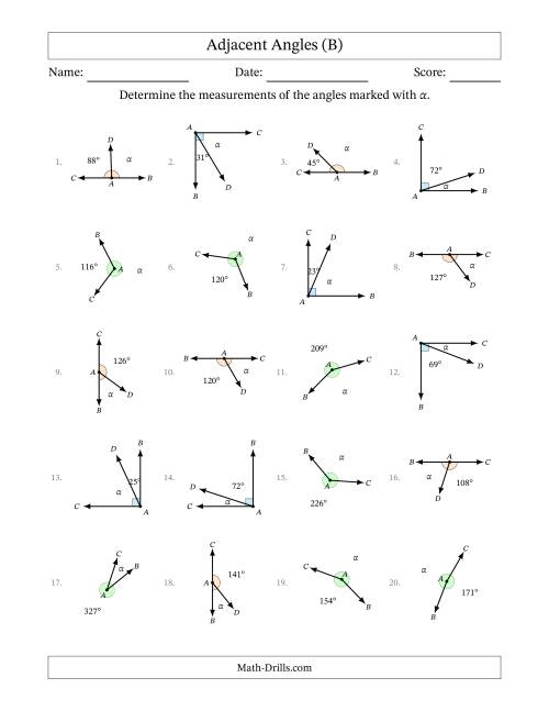 The Complementary, Supplementary and Explementary (Adjacent Angles) Angle Relationships with Rotated Diagrams (B) Math Worksheet