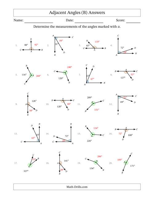 The Complementary, Supplementary and Explementary (Adjacent Angles) Angle Relationships with Rotated Diagrams (B) Math Worksheet Page 2