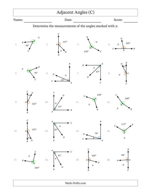 The Complementary, Supplementary and Explementary (Adjacent Angles) Angle Relationships with Rotated Diagrams (C) Math Worksheet