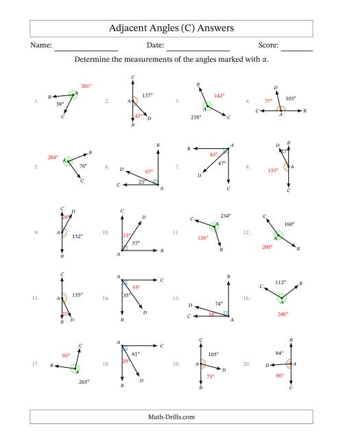 The Complementary, Supplementary and Explementary (Adjacent Angles) Angle Relationships with Rotated Diagrams (C) Math Worksheet Page 2