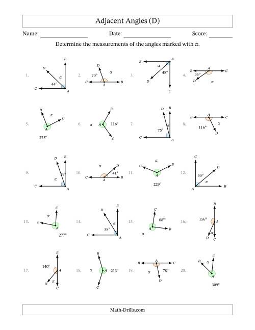 The Complementary, Supplementary and Explementary (Adjacent Angles) Angle Relationships with Rotated Diagrams (D) Math Worksheet