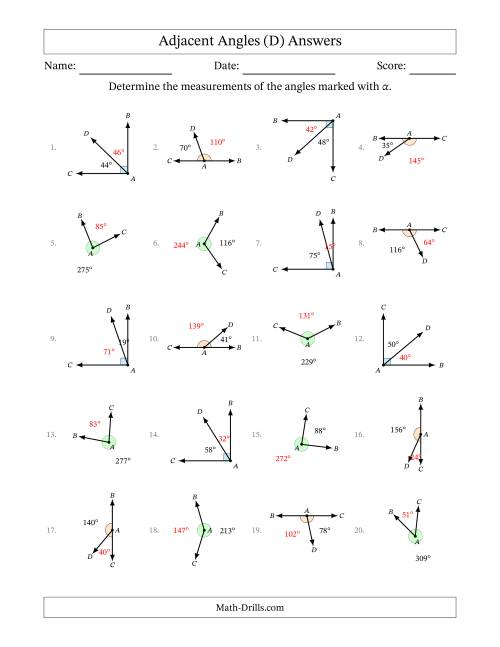 The Complementary, Supplementary and Explementary (Adjacent Angles) Angle Relationships with Rotated Diagrams (D) Math Worksheet Page 2