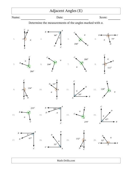 The Complementary, Supplementary and Explementary (Adjacent Angles) Angle Relationships with Rotated Diagrams (E) Math Worksheet
