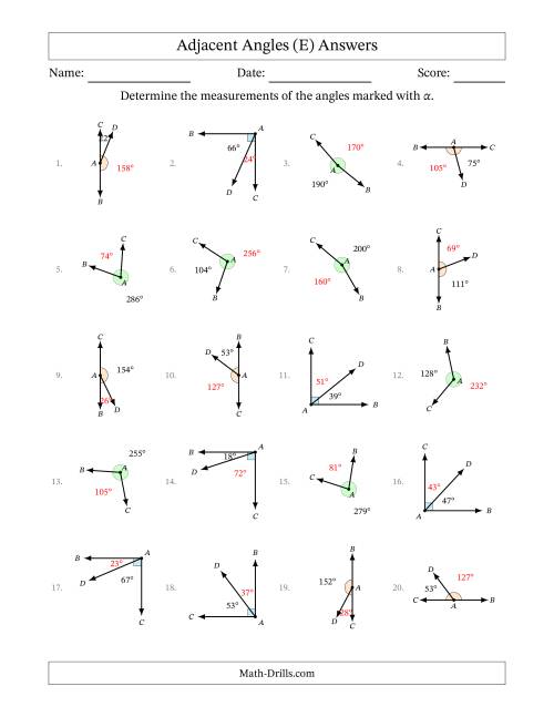 The Complementary, Supplementary and Explementary (Adjacent Angles) Angle Relationships with Rotated Diagrams (E) Math Worksheet Page 2