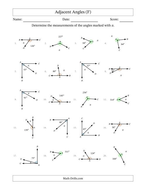 The Complementary, Supplementary and Explementary (Adjacent Angles) Angle Relationships with Rotated Diagrams (F) Math Worksheet