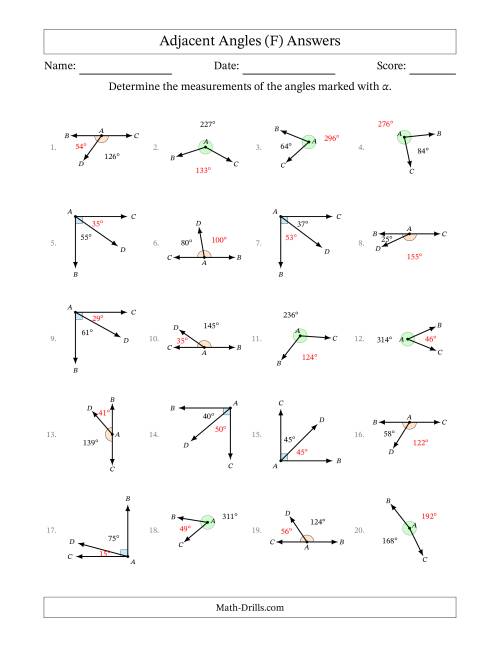 The Complementary, Supplementary and Explementary (Adjacent Angles) Angle Relationships with Rotated Diagrams (F) Math Worksheet Page 2