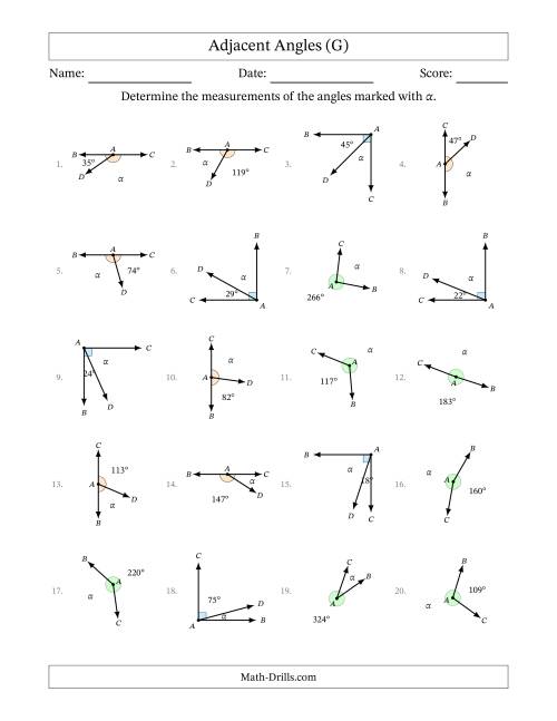 The Complementary, Supplementary and Explementary (Adjacent Angles) Angle Relationships with Rotated Diagrams (G) Math Worksheet