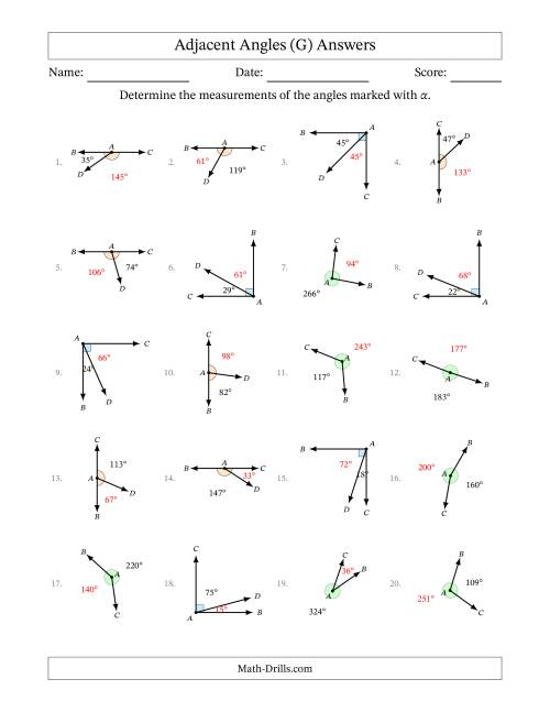 The Complementary, Supplementary and Explementary (Adjacent Angles) Angle Relationships with Rotated Diagrams (G) Math Worksheet Page 2