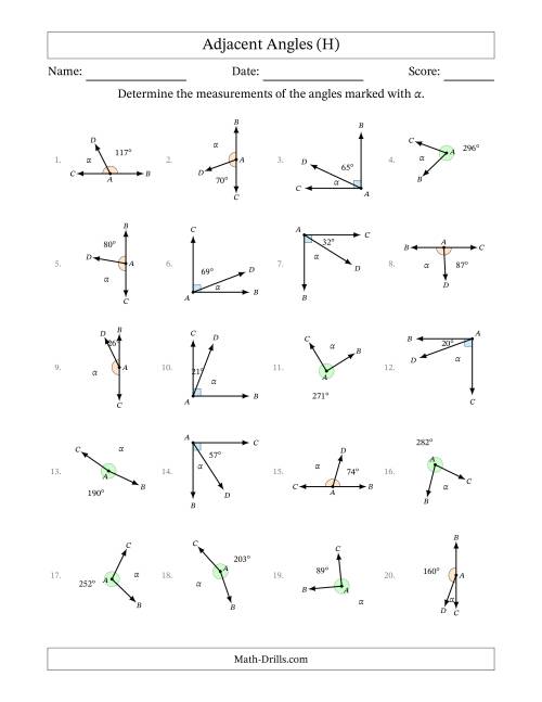The Complementary, Supplementary and Explementary (Adjacent Angles) Angle Relationships with Rotated Diagrams (H) Math Worksheet