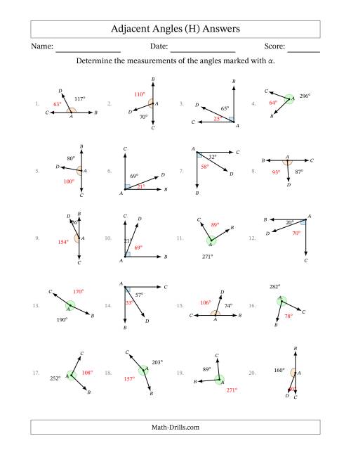 The Complementary, Supplementary and Explementary (Adjacent Angles) Angle Relationships with Rotated Diagrams (H) Math Worksheet Page 2