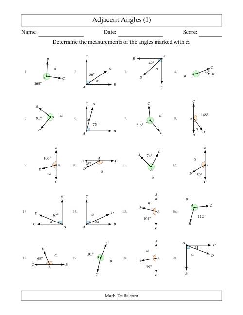The Complementary, Supplementary and Explementary (Adjacent Angles) Angle Relationships with Rotated Diagrams (I) Math Worksheet