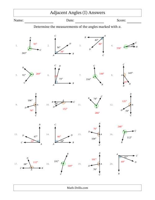 The Complementary, Supplementary and Explementary (Adjacent Angles) Angle Relationships with Rotated Diagrams (I) Math Worksheet Page 2