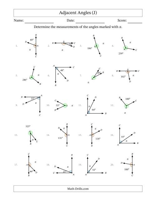 The Complementary, Supplementary and Explementary (Adjacent Angles) Angle Relationships with Rotated Diagrams (J) Math Worksheet