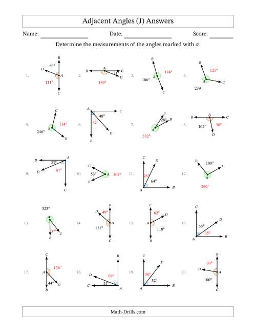 The Complementary, Supplementary and Explementary (Adjacent Angles) Angle Relationships with Rotated Diagrams (J) Math Worksheet Page 2
