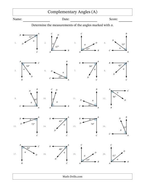The Complementary Angle Relationships with Rotated Diagrams (A) Math Worksheet