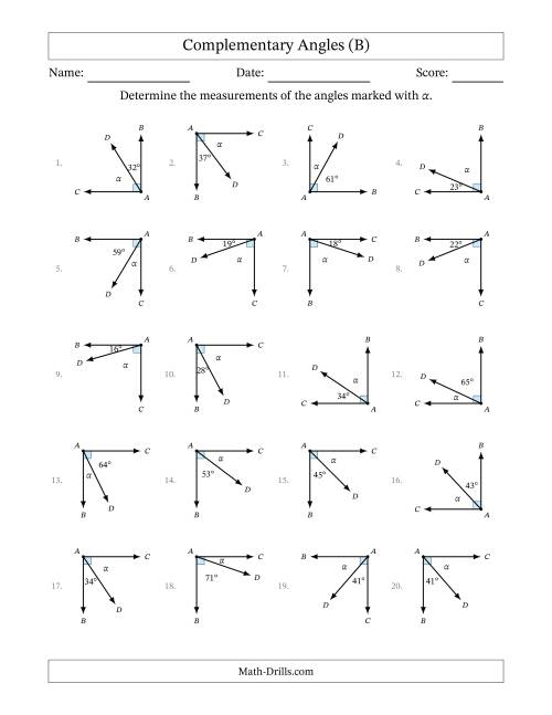 The Complementary Angle Relationships with Rotated Diagrams (B) Math Worksheet