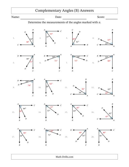 The Complementary Angle Relationships with Rotated Diagrams (B) Math Worksheet Page 2