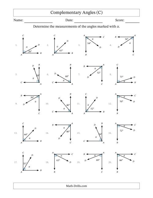 The Complementary Angle Relationships with Rotated Diagrams (C) Math Worksheet