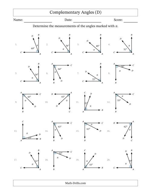 The Complementary Angle Relationships with Rotated Diagrams (D) Math Worksheet