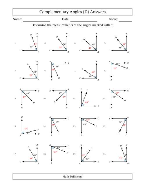 The Complementary Angle Relationships with Rotated Diagrams (D) Math Worksheet Page 2