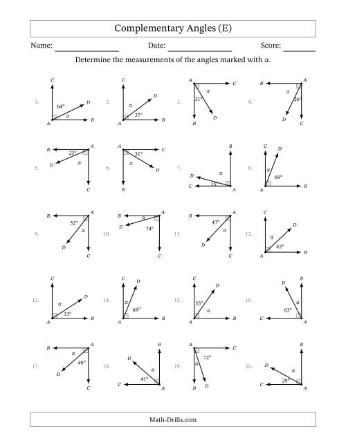 The Complementary Angle Relationships with Rotated Diagrams (E) Math Worksheet