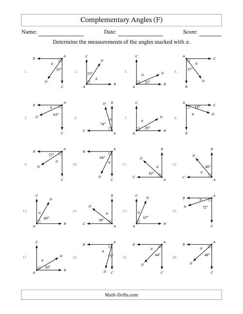 The Complementary Angle Relationships with Rotated Diagrams (F) Math Worksheet