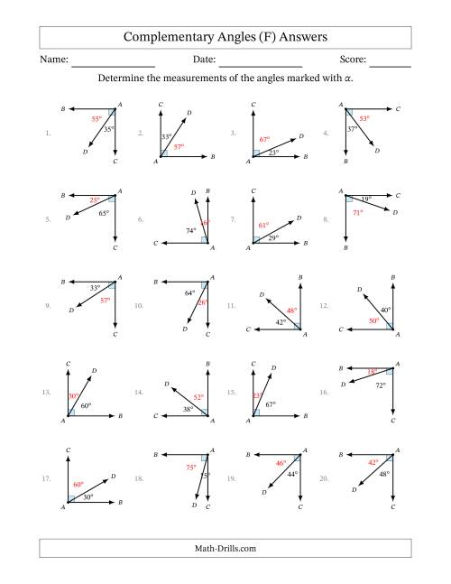 The Complementary Angle Relationships with Rotated Diagrams (F) Math Worksheet Page 2