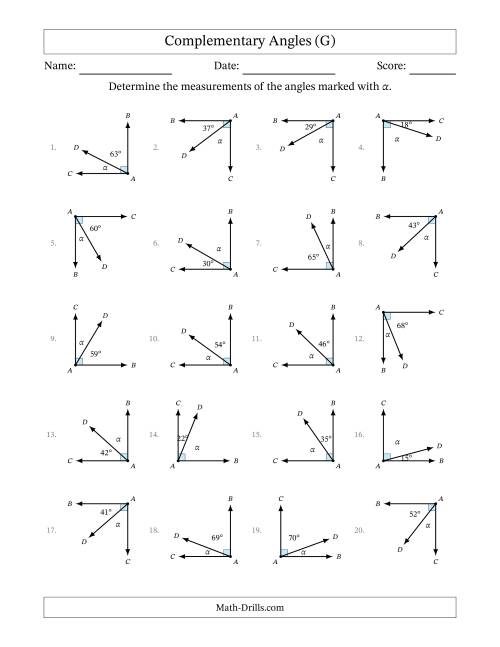 The Complementary Angle Relationships with Rotated Diagrams (G) Math Worksheet