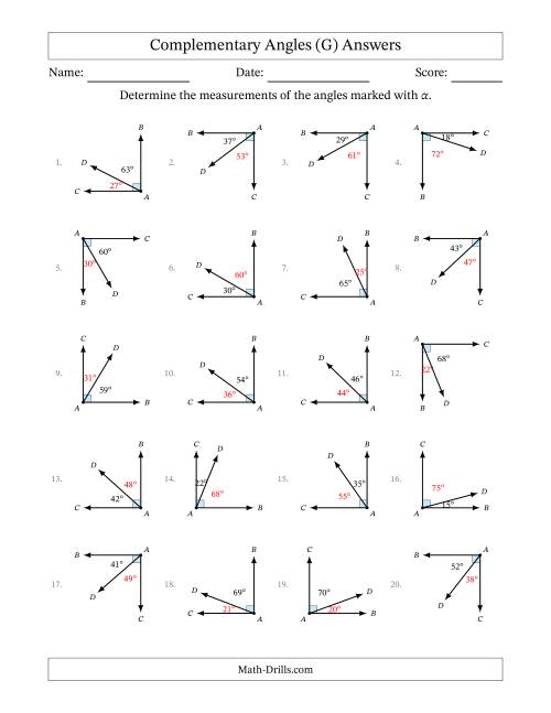The Complementary Angle Relationships with Rotated Diagrams (G) Math Worksheet Page 2