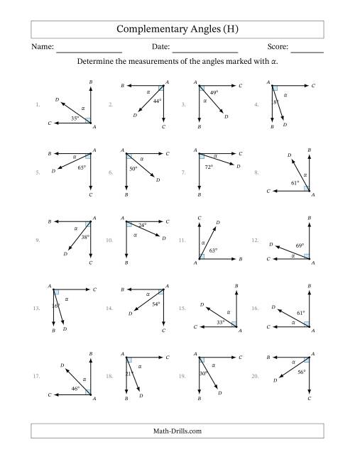 The Complementary Angle Relationships with Rotated Diagrams (H) Math Worksheet