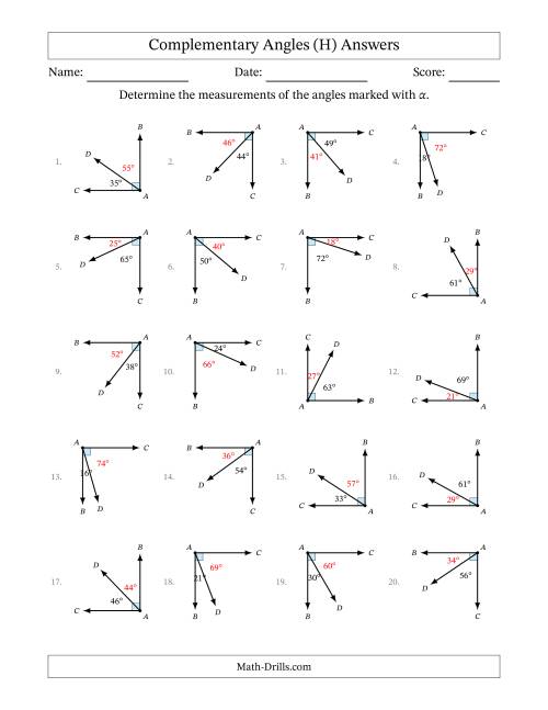 The Complementary Angle Relationships with Rotated Diagrams (H) Math Worksheet Page 2