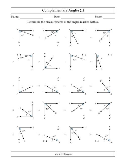 The Complementary Angle Relationships with Rotated Diagrams (I) Math Worksheet
