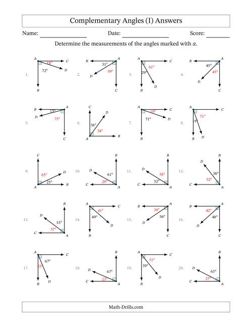 The Complementary Angle Relationships with Rotated Diagrams (I) Math Worksheet Page 2