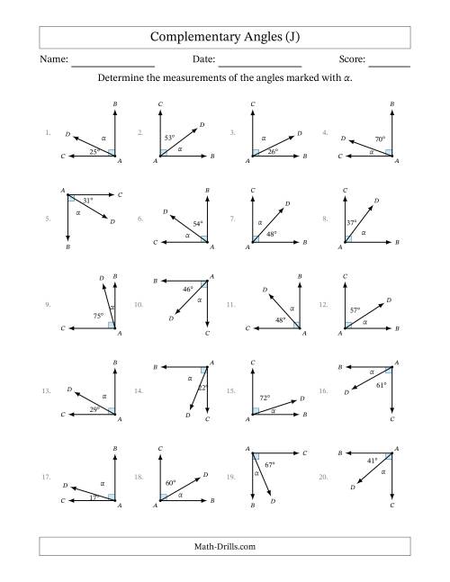 The Complementary Angle Relationships with Rotated Diagrams (J) Math Worksheet