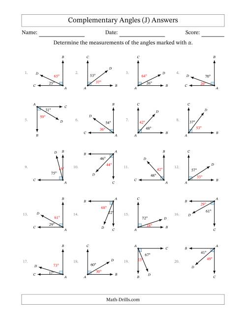 The Complementary Angle Relationships with Rotated Diagrams (J) Math Worksheet Page 2