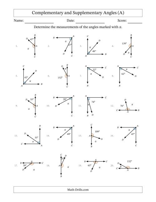 The Complementary and Supplementary Angle Relationships with Rotated Diagrams (A) Math Worksheet