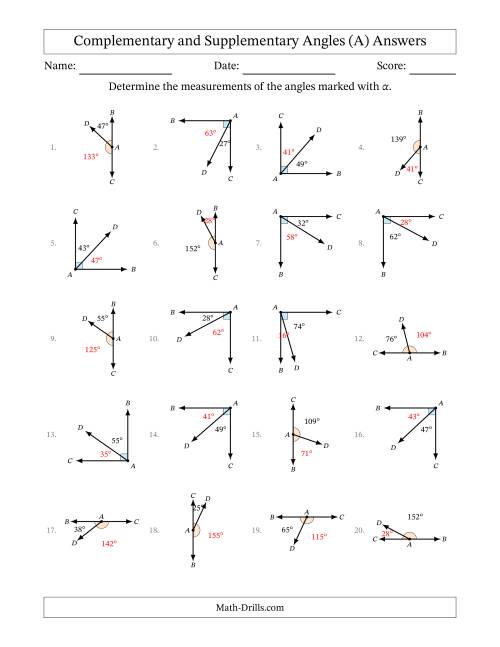 The Complementary and Supplementary Angle Relationships with Rotated Diagrams (A) Math Worksheet Page 2
