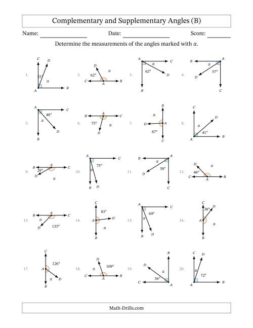 The Complementary and Supplementary Angle Relationships with Rotated Diagrams (B) Math Worksheet