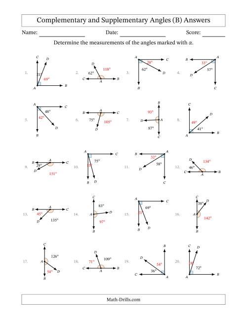 The Complementary and Supplementary Angle Relationships with Rotated Diagrams (B) Math Worksheet Page 2