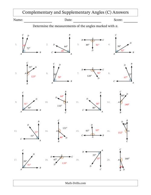 The Complementary and Supplementary Angle Relationships with Rotated Diagrams (C) Math Worksheet Page 2