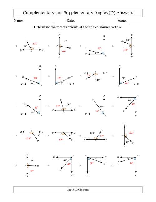 The Complementary and Supplementary Angle Relationships with Rotated Diagrams (D) Math Worksheet Page 2