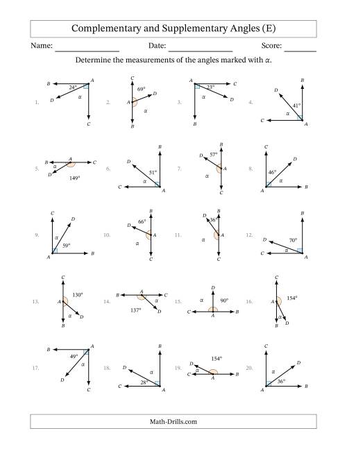 The Complementary and Supplementary Angle Relationships with Rotated Diagrams (E) Math Worksheet