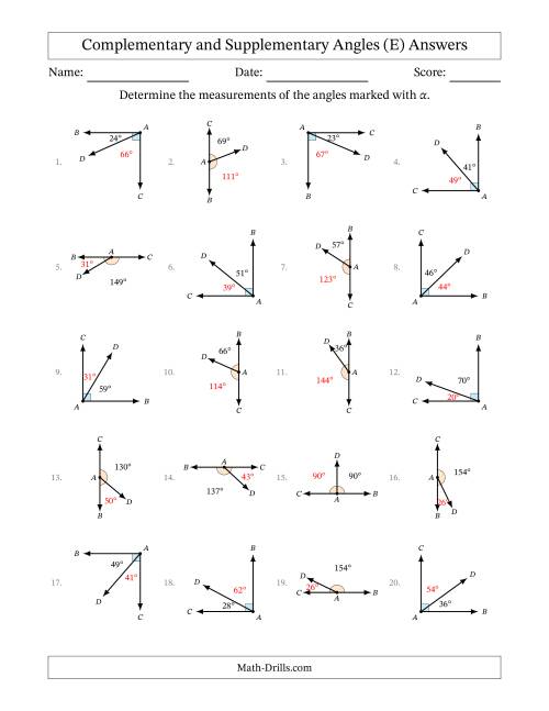 The Complementary and Supplementary Angle Relationships with Rotated Diagrams (E) Math Worksheet Page 2