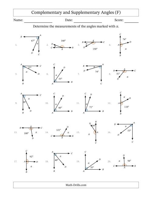 The Complementary and Supplementary Angle Relationships with Rotated Diagrams (F) Math Worksheet