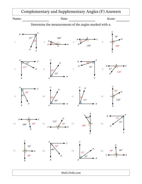 The Complementary and Supplementary Angle Relationships with Rotated Diagrams (F) Math Worksheet Page 2