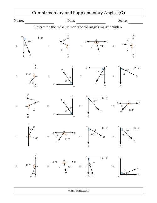 The Complementary and Supplementary Angle Relationships with Rotated Diagrams (G) Math Worksheet