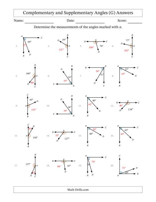 The Complementary and Supplementary Angle Relationships with Rotated Diagrams (G) Math Worksheet Page 2